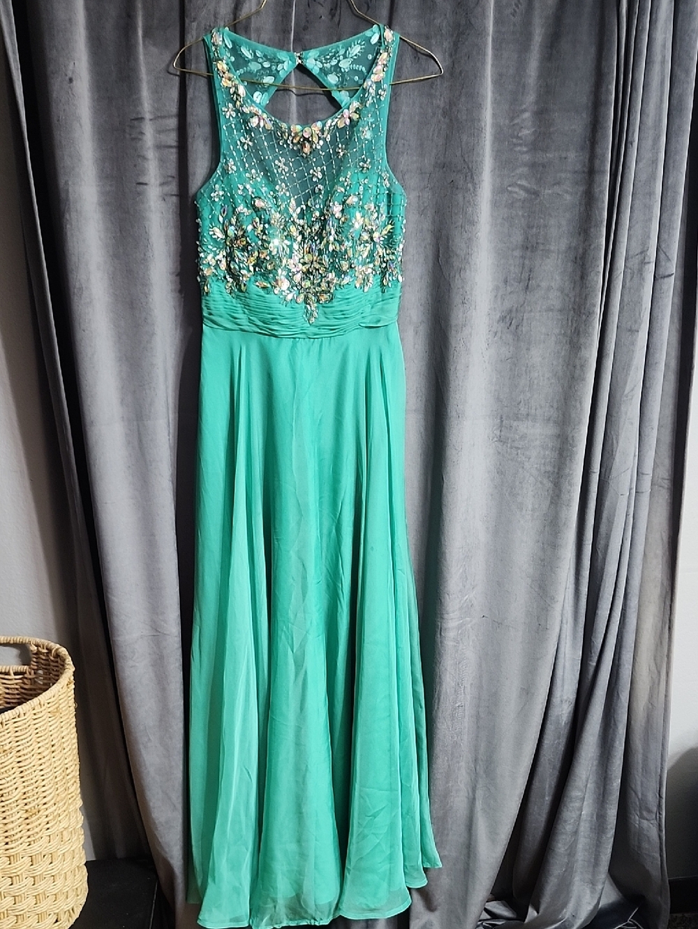 Teal Green Embellished Maxi Evening Dress